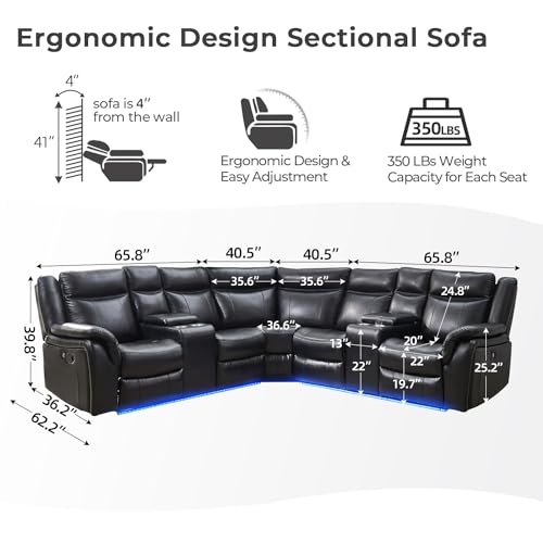 Leather Reclining Sectional Sofa with LED Lights