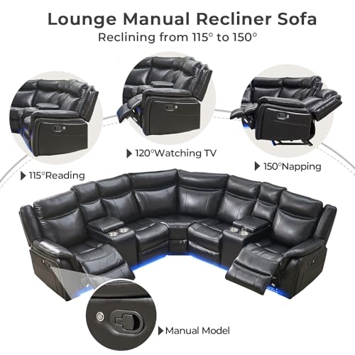 Leather Reclining Sectional Sofa with LED Lights