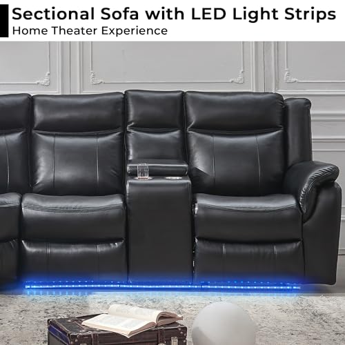 Leather Reclining Sectional Sofa with LED Lights