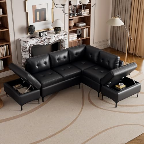 Modern L-Shaped Black PU Leather Sofa Set