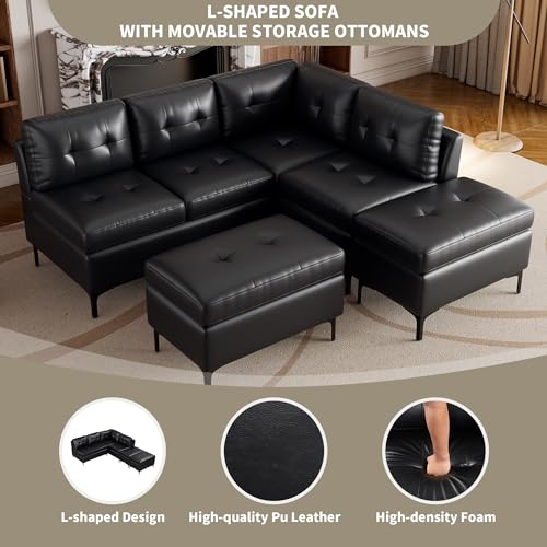 Modern L-Shaped Black PU Leather Sofa Set