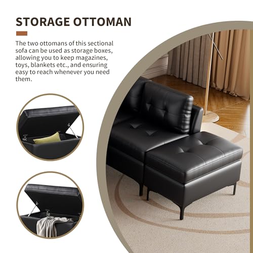 Modern L-Shaped Black PU Leather Sofa Set