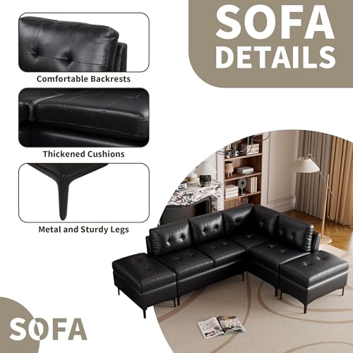 Modern L-Shaped Black PU Leather Sofa Set