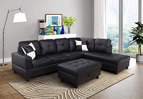 L-Shaped Faux Leather Sectional Sofa Set (Black)