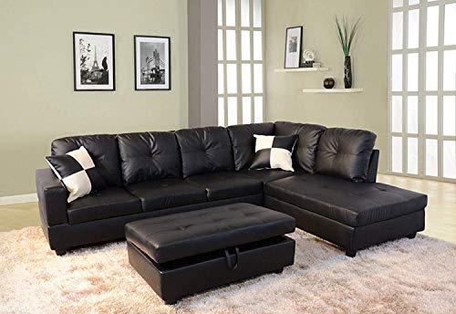 L-Shaped Faux Leather Sectional Sofa Set (Black)