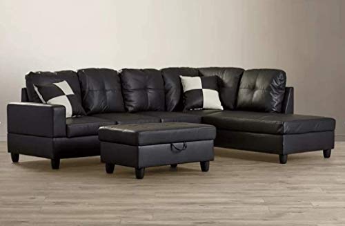 L-Shaped Faux Leather Sectional Sofa Set (Black)