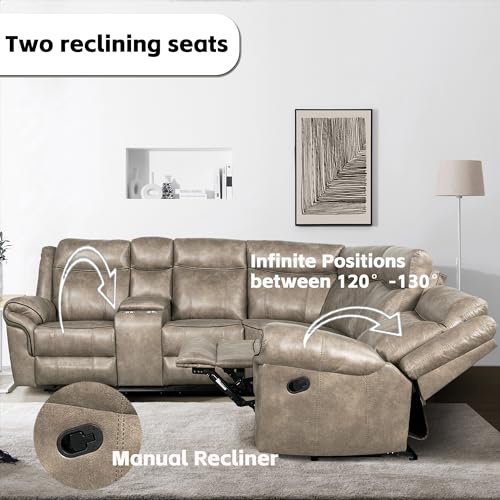 Brown Leather Recliner Sectional Sofa with Storage