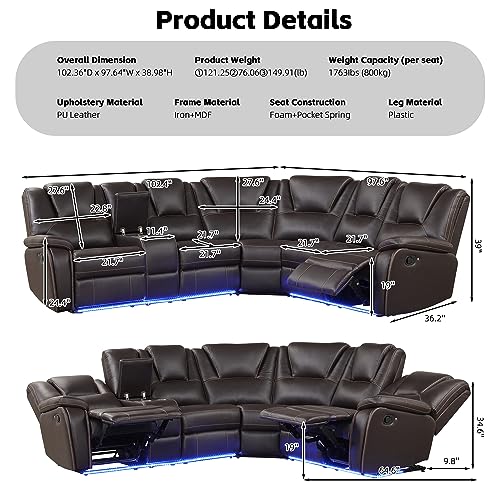 Yoglad Brown Sectional Sofa with Recliner and LED Lights
