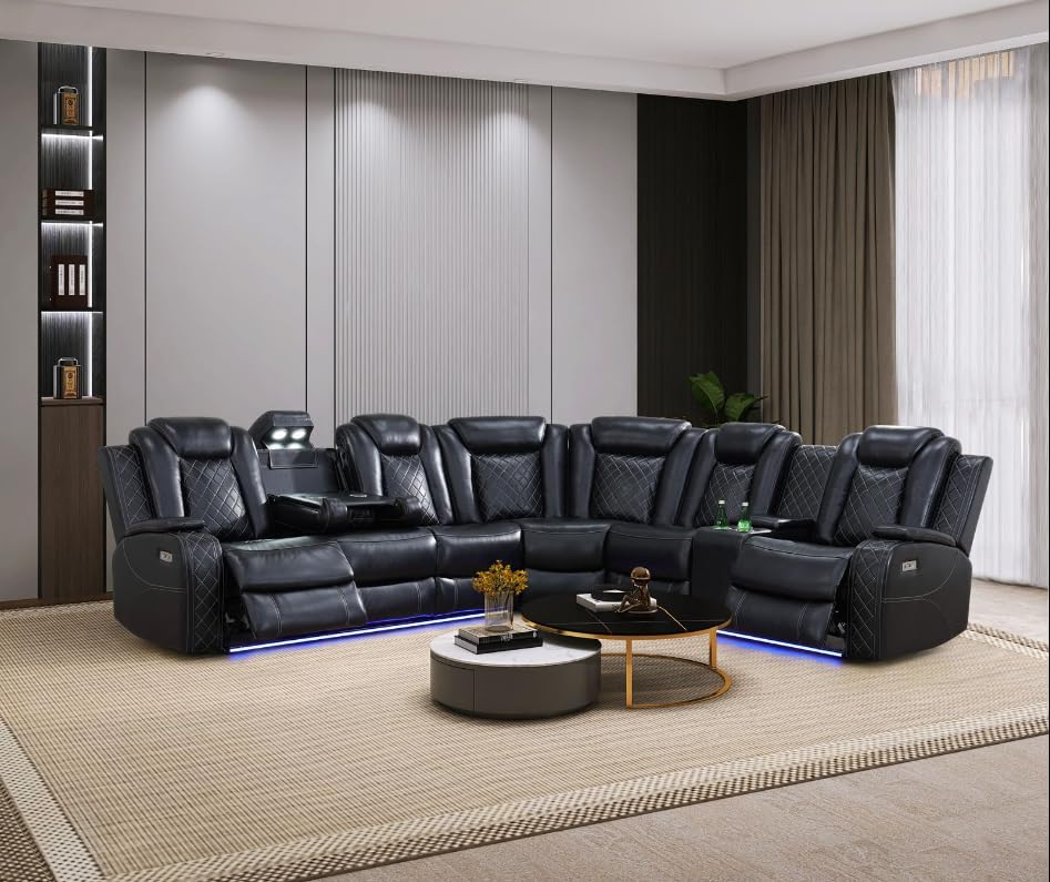 Black Power Recliner Sectional with LED & USB