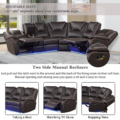 Yoglad Brown Sectional Sofa with Recliner and LED Lights