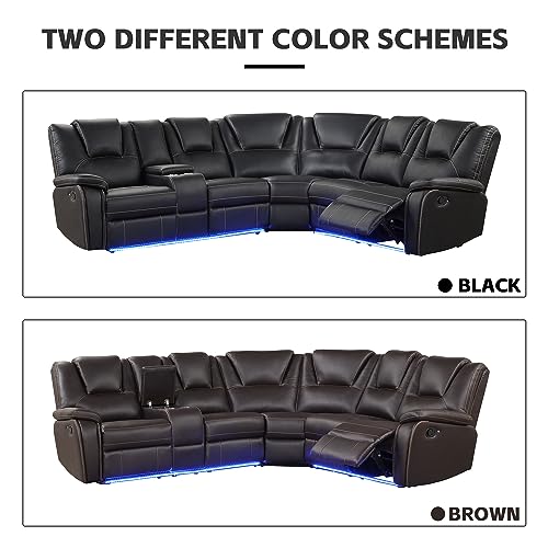 Yoglad Brown Sectional Sofa with Recliner and LED Lights