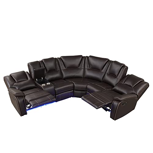 Yoglad Brown Sectional Sofa with Recliner and LED Lights