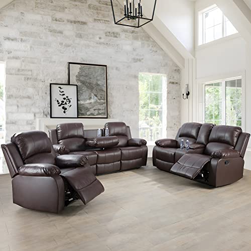 Brown Leather Recliner Sofa Set - 3 Pieces