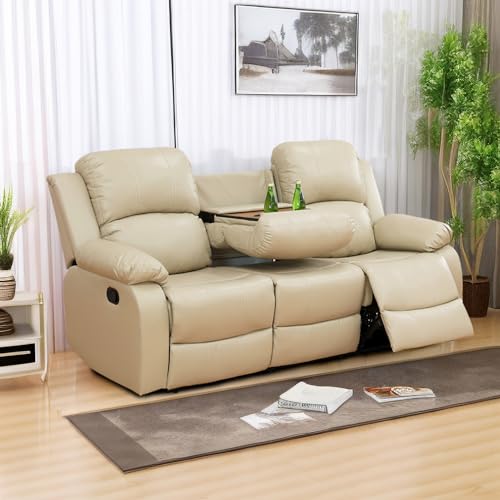 Beige Leather Reclining 3-Seater Sofa with Cup Holders