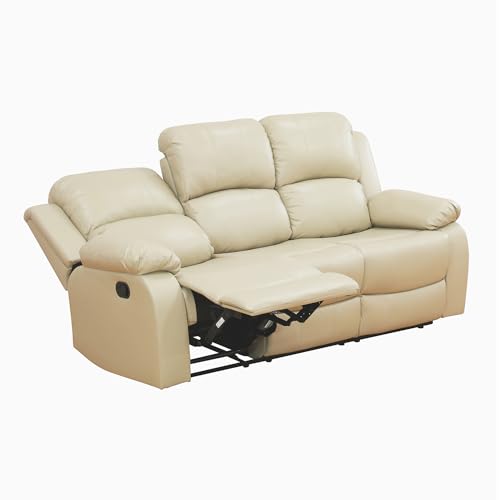 Beige Leather Reclining 3-Seater Sofa with Cup Holders