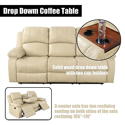 Beige Leather Reclining 3-Seater Sofa with Cup Holders