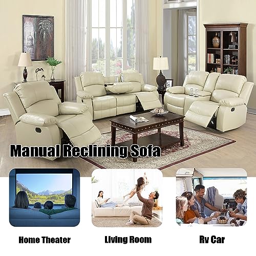 Beige Leather Reclining 3-Seater Sofa with Cup Holders