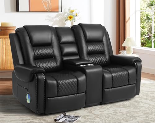 Black Ergonomic Massage Recliner Loveseat with Cup Holders