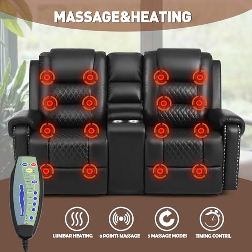 Black Ergonomic Massage Recliner Loveseat with Cup Holders