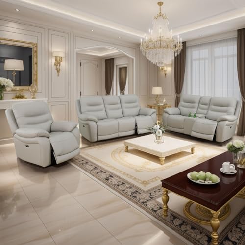 Light Grey Power Reclining Leather Sofa Set