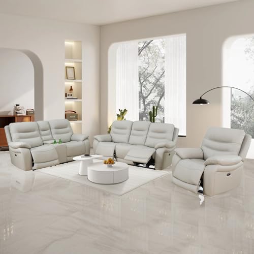 Light Grey Power Reclining Leather Sofa Set