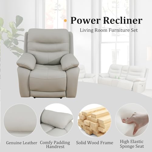 Light Grey Power Reclining Leather Sofa Set