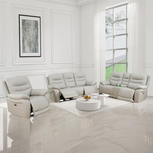 Light Grey Power Reclining Leather Sofa Set