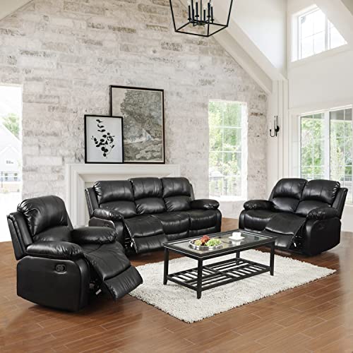 Stylish Black Leather Reclining Sofa Set