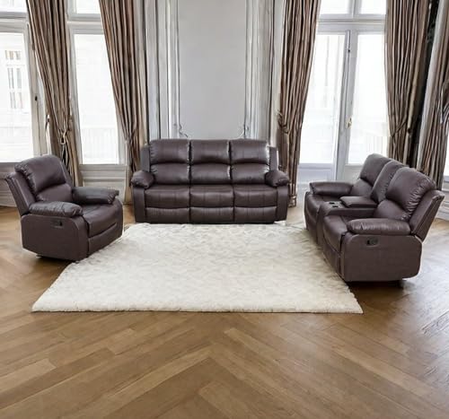 Brown Leather Recliner Sofa Set for Living Room