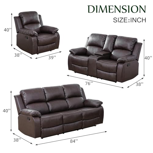 Brown Leather Recliner Sofa Set for Living Room