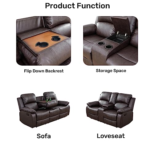 Brown Leather Recliner Sofa Set for Living Room