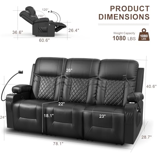 Modern 3-Seater Recliner Sofa with Cup Holders