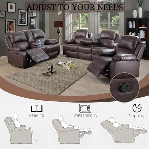 Brown Leather Recliner Sofa Set for Living Room