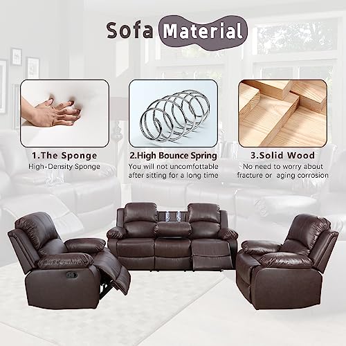 Brown Leather Recliner Sofa Set for Living Room