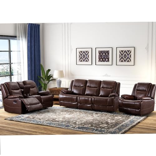 Brown Leather Reclining Sofa and Chair Set