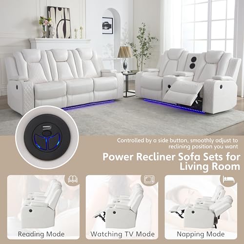 White Power Recliner Sofa Set with Speakers & USB