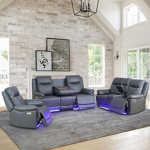 Dark Grey Power Leather Recliner Sofa Set