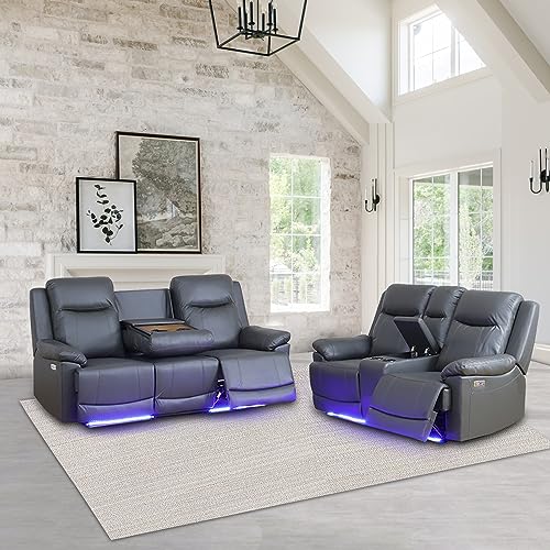Dark Grey Power Leather Recliner Sofa Set