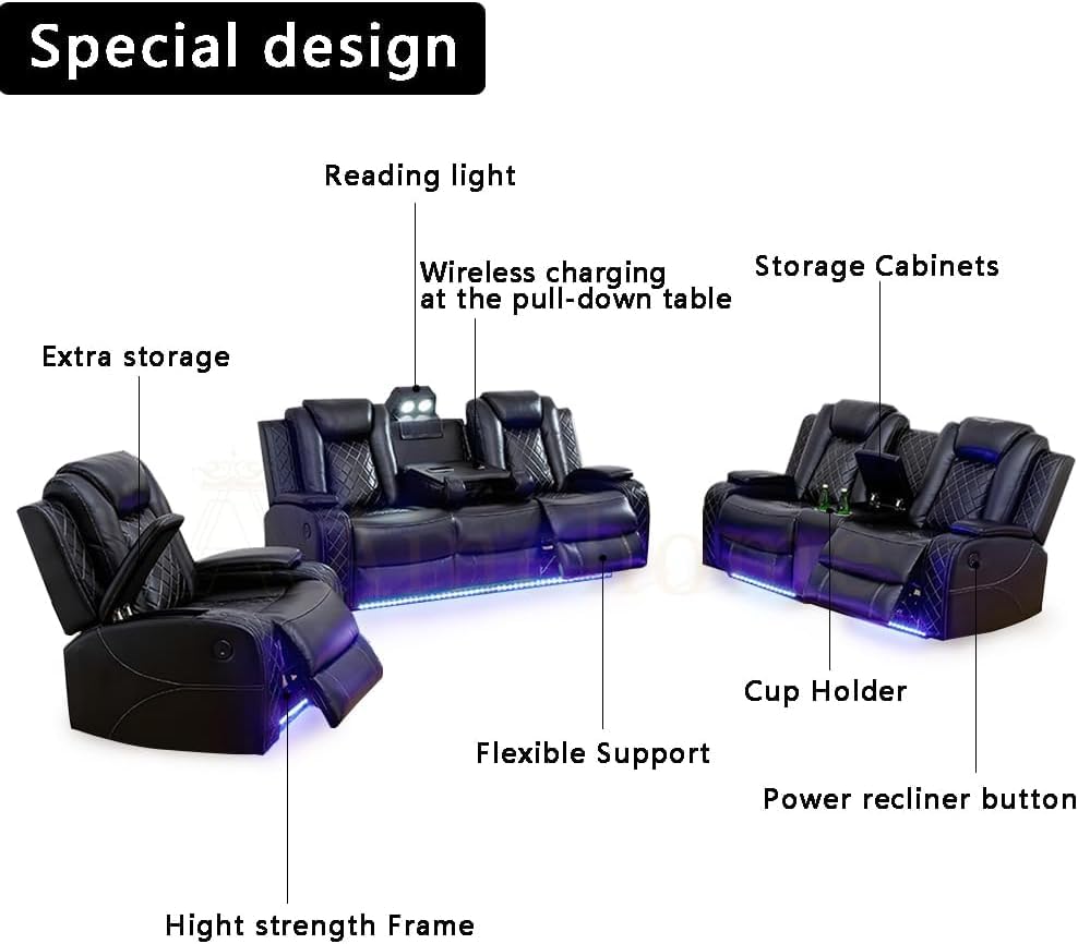 Black 3-Piece Power Recliner Sofa Set