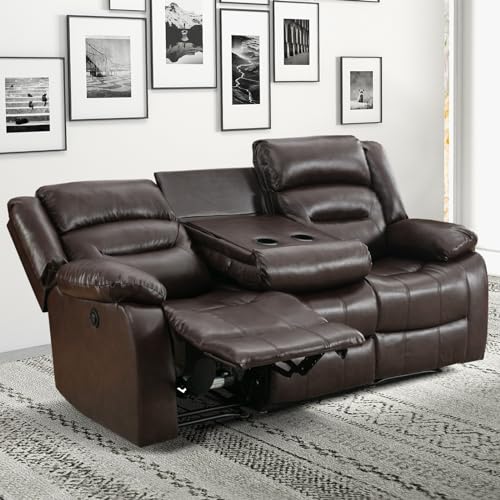 EBELLO Brown Faux Leather Power Reclining Sofa