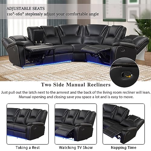 Yoglad Black Sectional Sofa with Recliner & Cup Holders