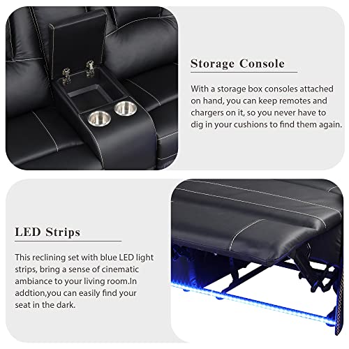 Yoglad Black Sectional Sofa with Recliner & Cup Holders
