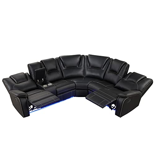 Yoglad Black Sectional Sofa with Recliner & Cup Holders