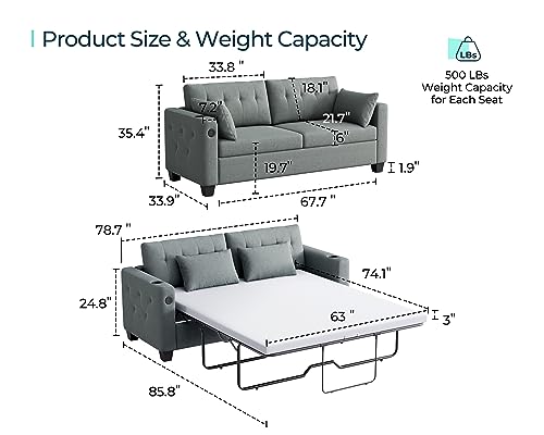 LINSY HOME Dark Grey Queen Pull Out Sofa Bed