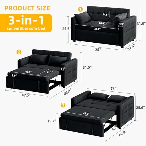 Convertible 55" Sofa Bed with Adjustable Backrest
