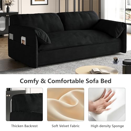 Convertible Velvet Sofa Bed with Storage - Black