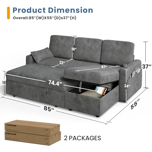 Dark Grey Sofa Bed Couch with Storage Chaise