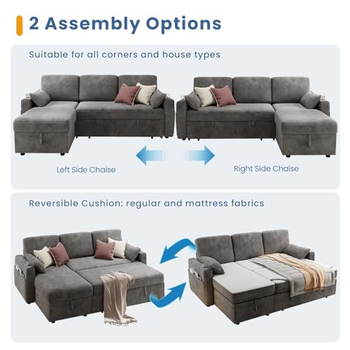 Dark Grey Sofa Bed Couch with Storage Chaise