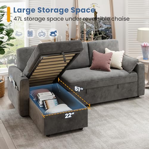 Dark Grey Sofa Bed Couch with Storage Chaise