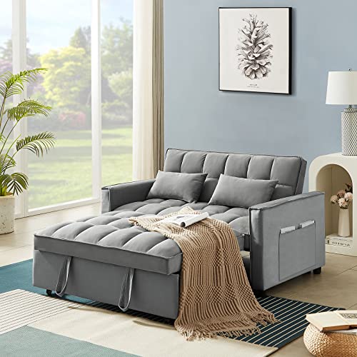 Convertible Velvet Sofa Bed with Pillows - Grey
